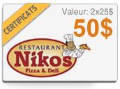 50$ - Restaurant Nikos Pizza & Deli - Montréal